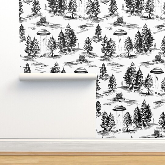 Ufo Whimsical Large Scale Black And White Space Alien Custom Removable Wallpaper by Spoonflower Peel & Stick Wallpaper 2FT Wide